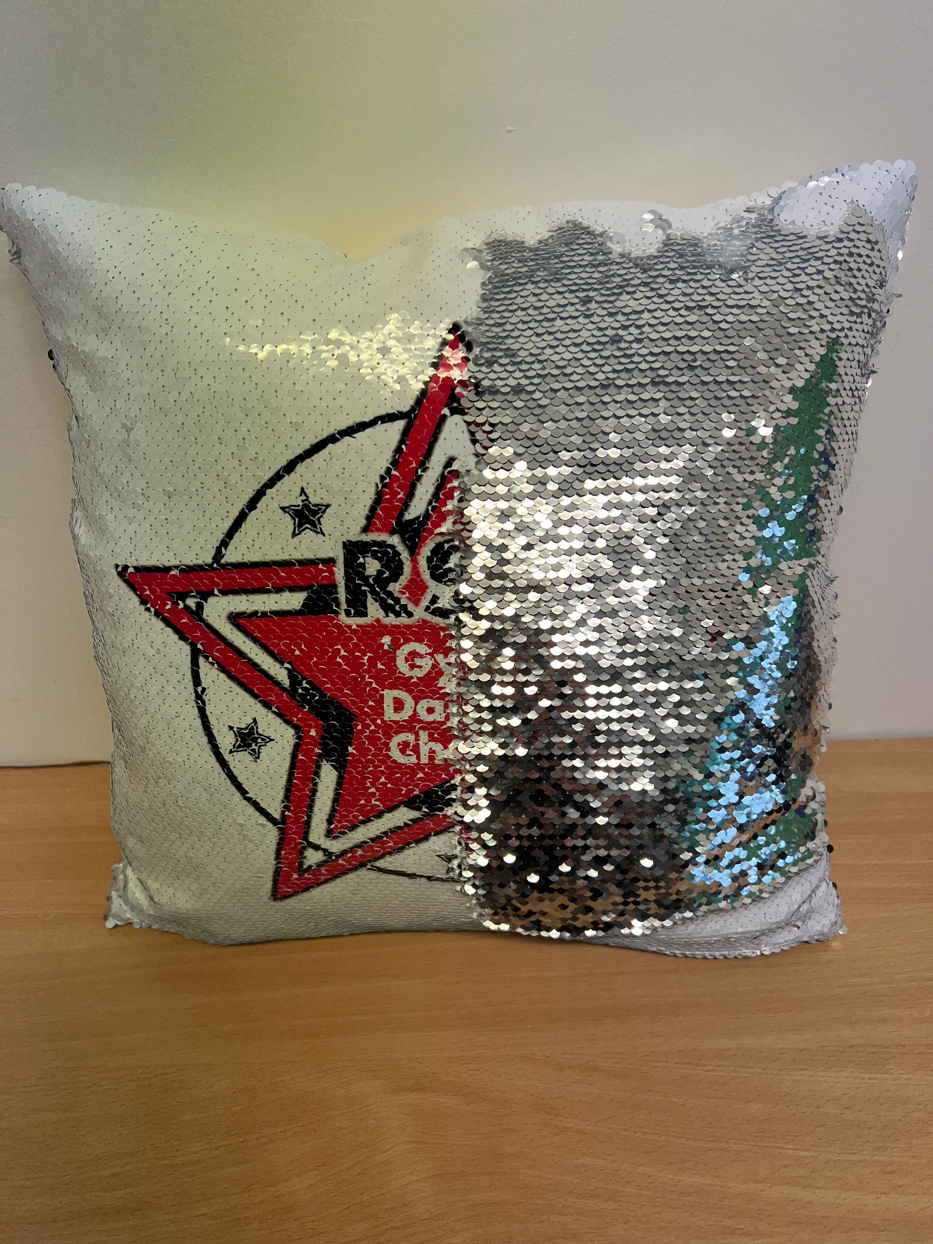 RSD logo silver sequin cushion